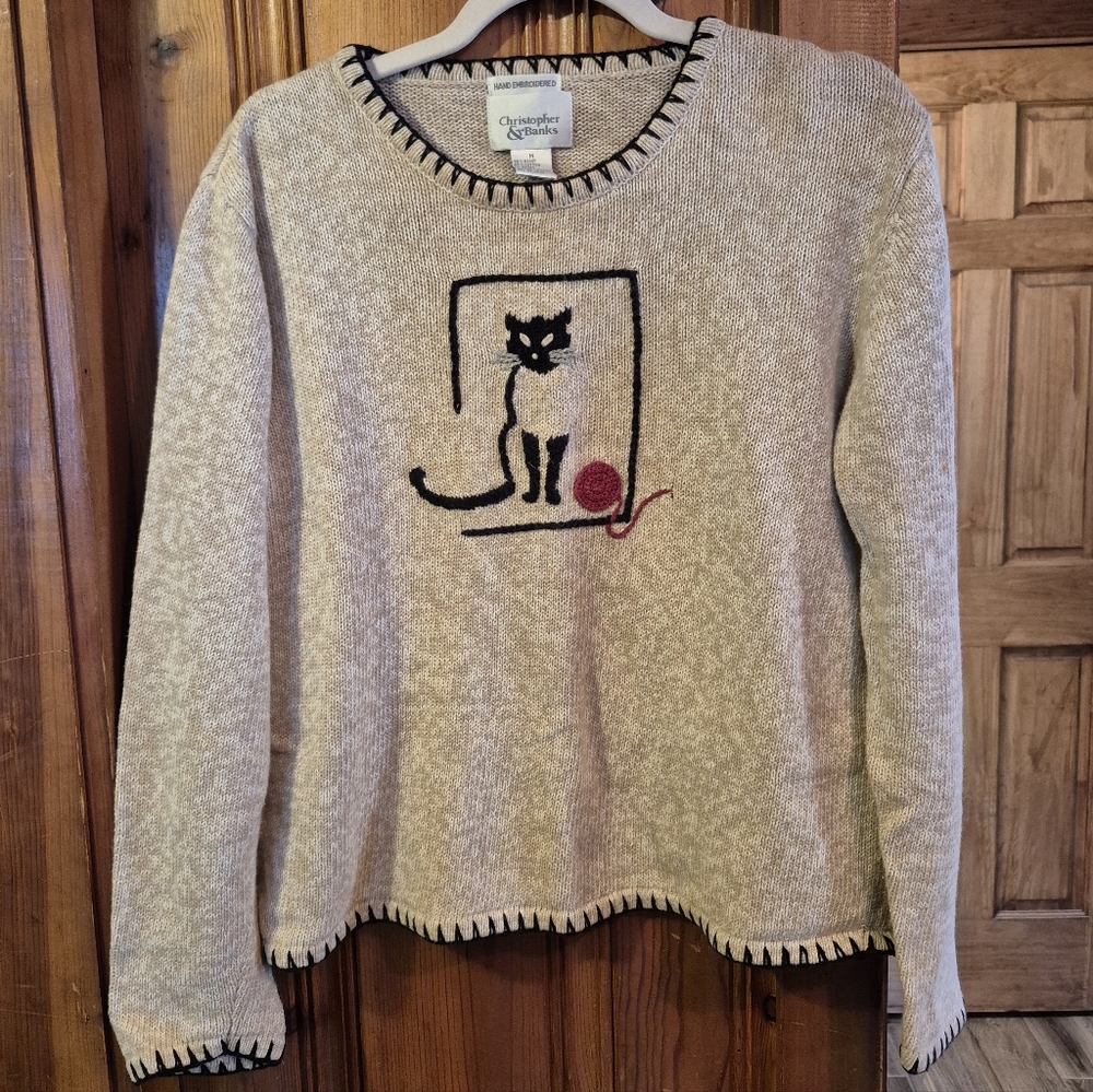 Vtg. Christopher & Banks Embroidered Black Cat & Ball Yarn Ramie Cotton Sweater